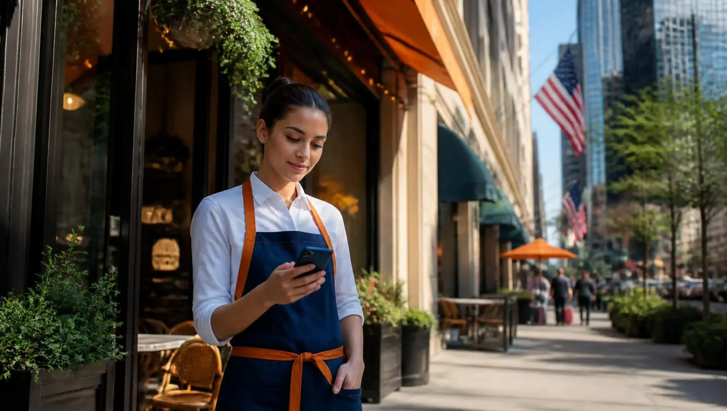 Temp Staffing Solutions Agency 15 A hospitality worker wearing an apron outside a restaurant, using the TrueGigs app to find high-paying hospitality jobs near me.