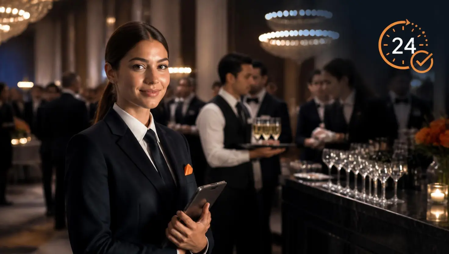Temp Staffing Solutions Agency 15 A hotel banquet manager using app-based technology to secure last minute event staffing, with a 24-hour emergency fulfillment icon