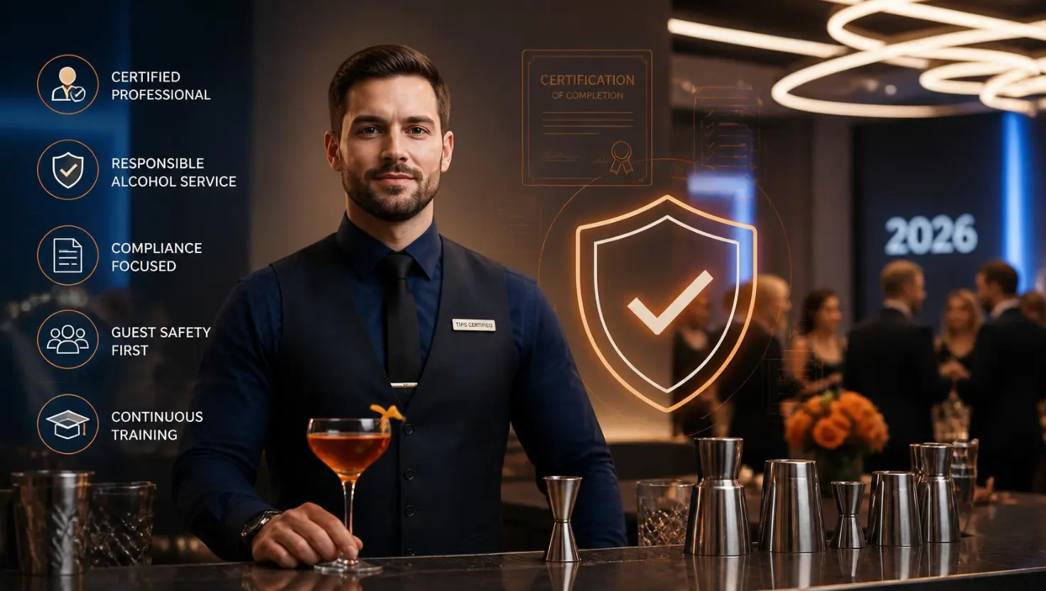 A professional TIPS certified bartenders standing at a bar next to a glowing compliance shield, representing responsible alcohol service and event safety.