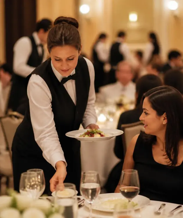 A reliable, W-2 compliant female banquet server professionally serving a plated dinner to a guest at a corporate gala.