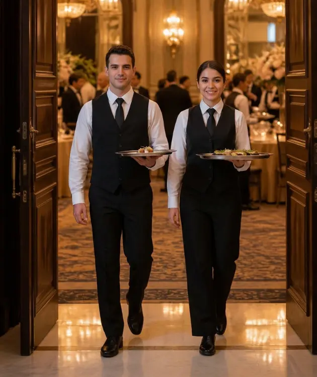 Two fully vetted and uniformed banquet staff members arriving at a luxury hotel ballroom, ready to eliminate last-minute call-outs.