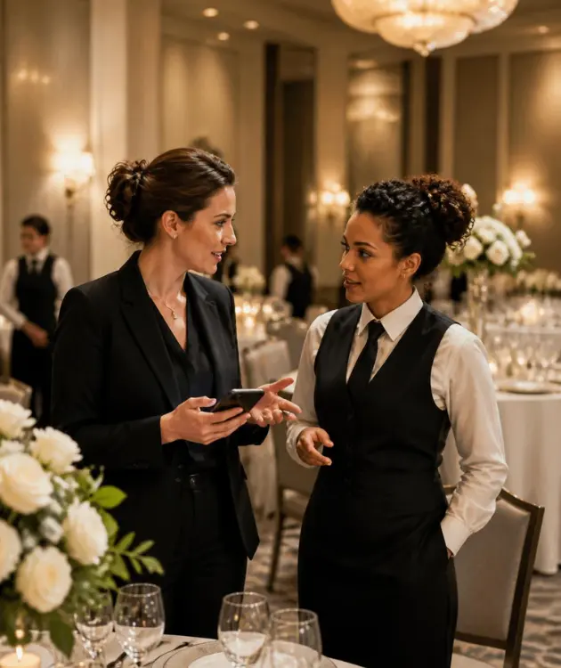 A hospitality manager using a smartphone app to schedule shifts, highlighting flexible, high-paying banquet server jobs near me with weekly W-2 pay.