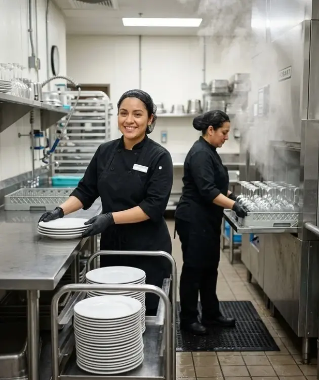 Commercial Dishwasher Staffing 7 Commercial dishwasher staffing team loading banquet warewashing racks and sanitizing glassware in high-volume hospitality kitchen