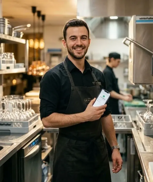 Commercial Dishwasher Staffing 8 Commercial dishwasher and kitchen steward reviewing flexible shifts and weekly W-2 direct deposit pay on the TrueGigs mobile staffing app in an upscale restaurant dishroom
