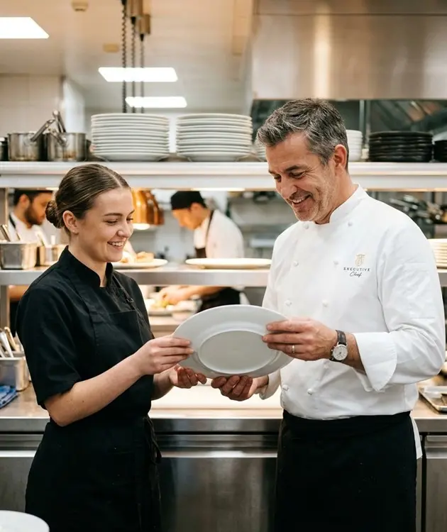 Commercial Dishwasher Staffing 1 Executive chef inspecting a sanitized porcelain plate with a kitchen steward, providing dependable commercial dishwasher staffing through TrueGigs.