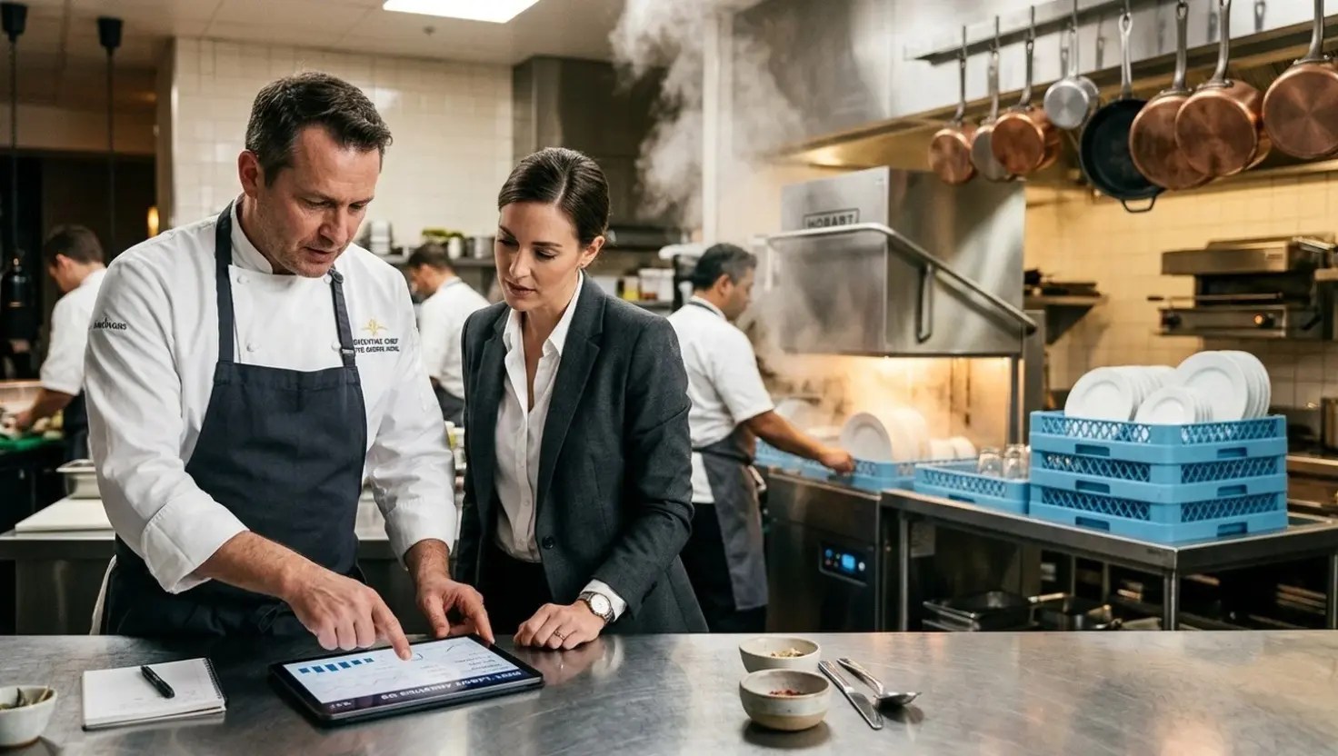 Executive chef and restaurant operations director reviewing labor analytics and dishwasher turnover rate in commercial kitchens on digital tablet
