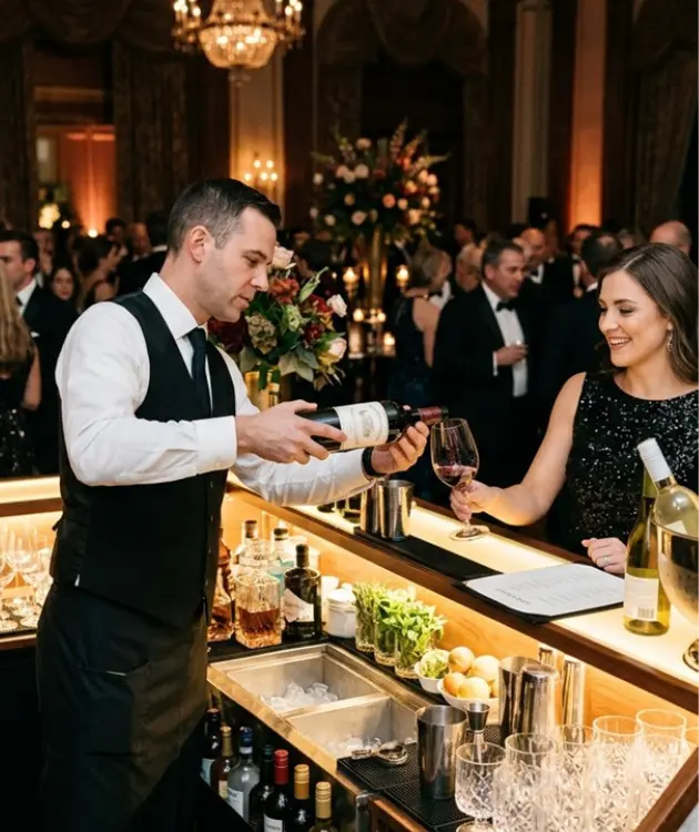A professional event bartender pouring fine wine at an illuminated gala bar station, demonstrating high-volume beverage service capabilities with TrueGigs.