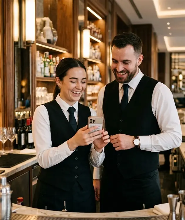 Two professional event bartenders smiling as they view their shift confirmations and weekly W-2 payouts on the TrueGigs app.