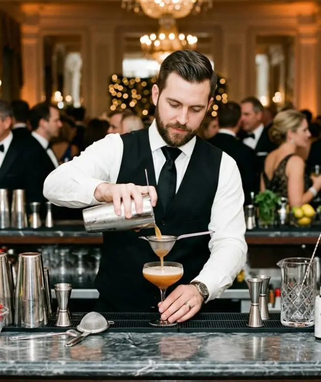 A professional male bartender crafting cocktails at an upscale hotel gala, available to hire through TrueGigs staffing.