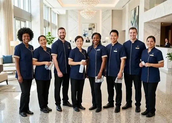 Diverse team of professional hotel housekeepers smiling in a modern luxury hotel lobby.