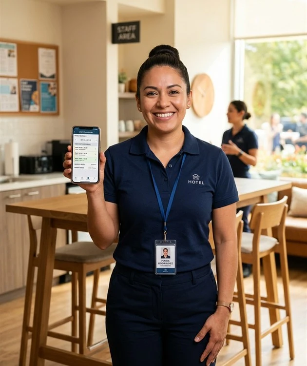 Hotel Housekeeping Staffing 8 Smiling hotel room attendant in uniform displaying a mobile shift scheduling app with weekly direct deposit pay.
