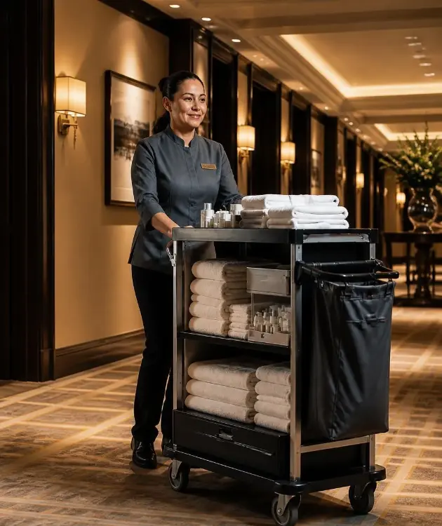 Hotel Housekeeping Staffing 7 Hotel houseperson pushing an organized housekeeping cart with fresh linens in a luxury resort hallway, providing reliable hotel housekeeping staffing through TrueGigs.