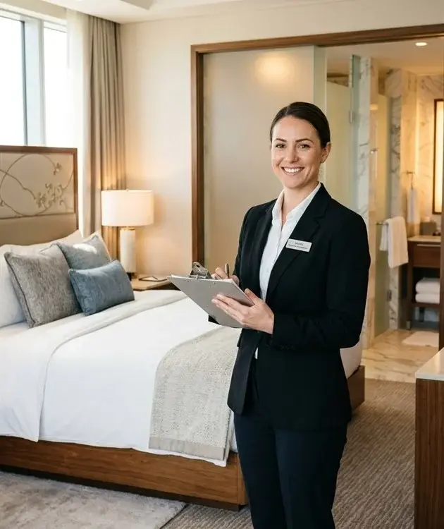 Hotel Housekeeping Staffing 1 Executive housekeeper conducting room readiness checklist inspection for hotel housekeeping staffing solutions by TrueGigs.