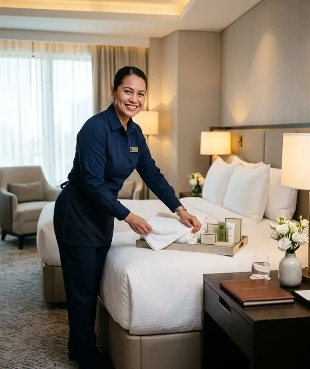Hotel Housekeeping Staffing 2 Professional room attendant staging luxury guest amenities and towels, representing TrueGigs reliable hotel housekeeping staffing.