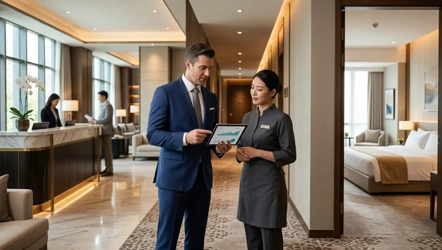 Temp Staffing Solutions Agency 15 Hotel general manager and executive housekeeper reviewing room occupancy analytics to solve hotel housekeeping staffing shortages and protect RevPAR.