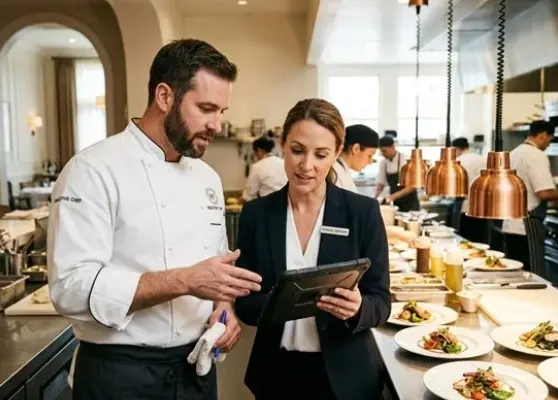 Executive chef and commercial dishwasher staffing steward inspecting sanitized plates in spotless commercial kitchen