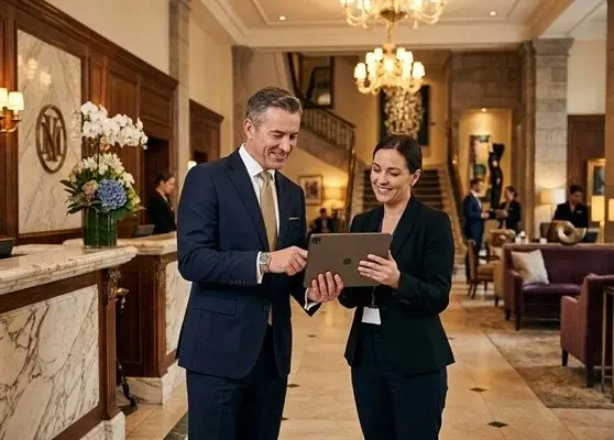 Hotel general manager reviewing housekeeping staffing requests on a digital tablet with an executive housekeeper.