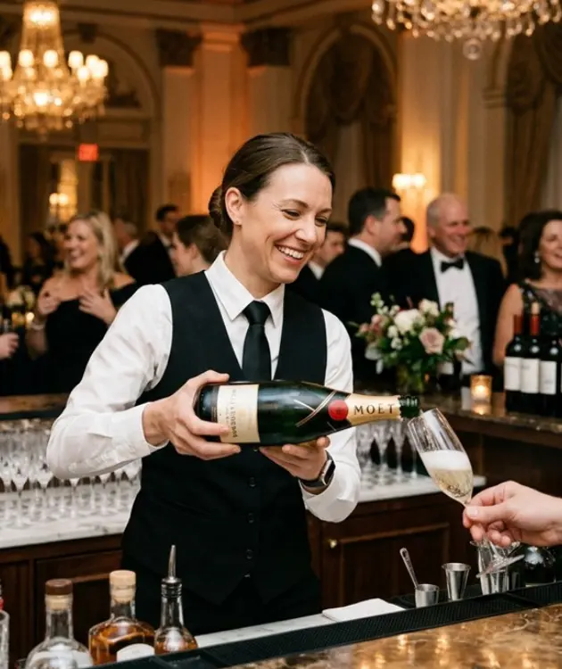 A TIPS-certified female bartender pouring champagne with a warm smile at a luxury corporate event.