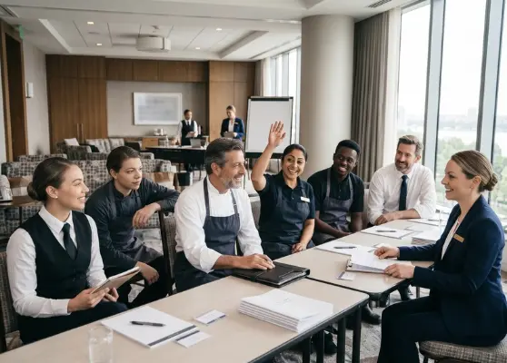 Hospitality professionals attending pre-shift onboarding and training for flexible event jobs in New Jersey