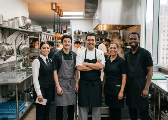 Diverse New York hospitality team including banquet server, line cook, executive chef, and kitchen stewards ready for flexible event shifts