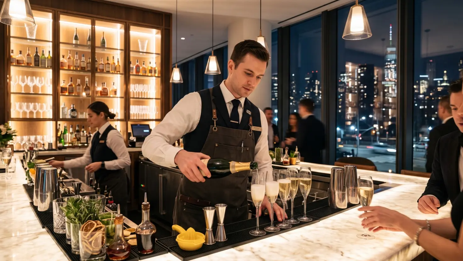 Staffing Solutions Agency 15 hire TIPS-certified bartenders in New York pouring champagne at a luxury event bar