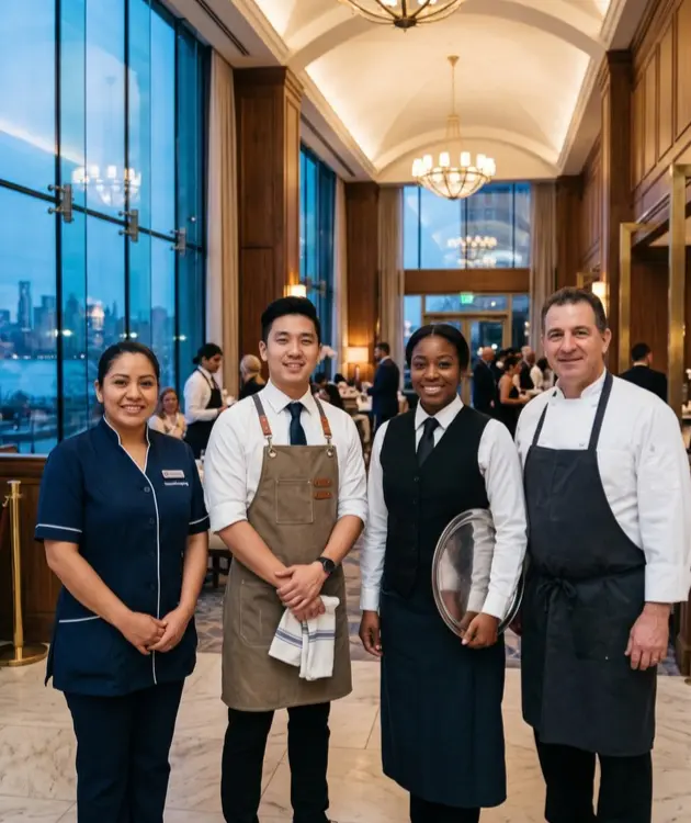 Hospitality staffing agency in New Jersey front and back of house team including banquet server, bartender, housekeeper, and chef at a waterfront hotel