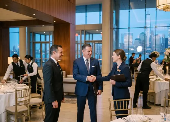 Hospitality staffing agency in New Jersey director shaking hands with venue manager at a luxury waterfront gala