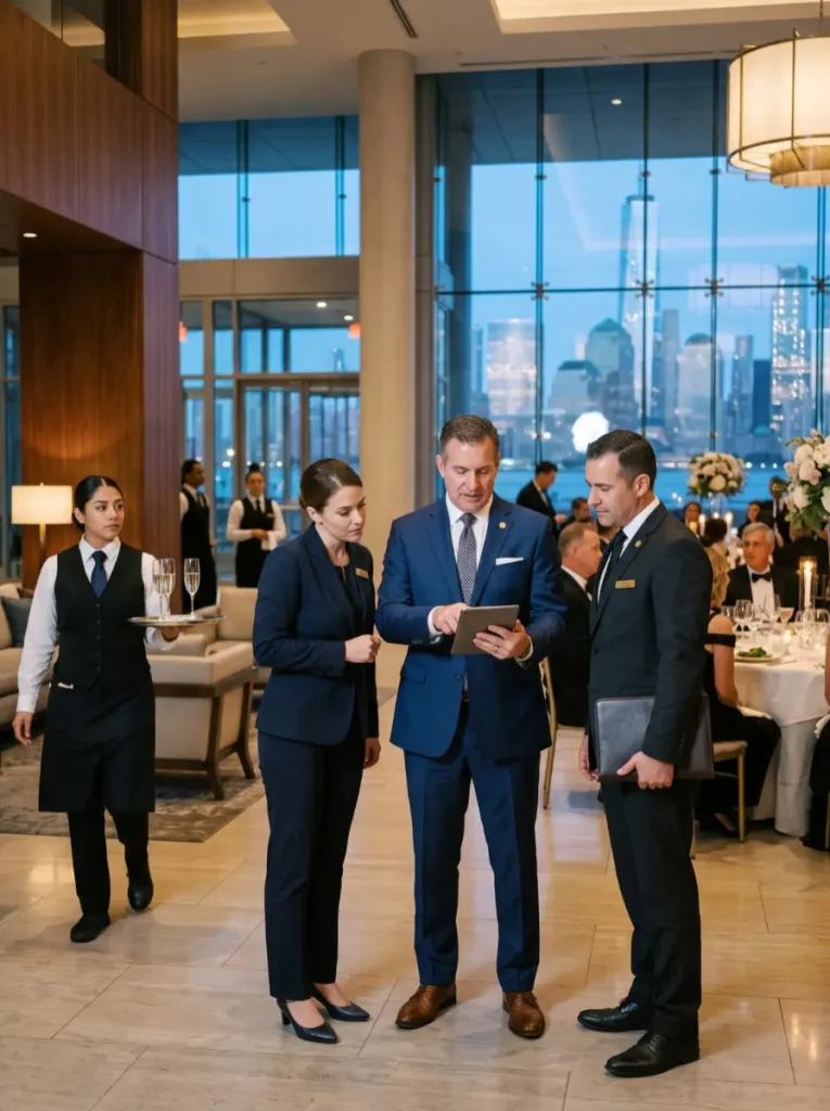 Hospitality staffing agency in New Jersey hotel directors reviewing digital shift dispatch alongside banquet server at a Jersey City waterfront venue