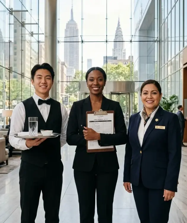 Professional New York hospitality staffing team including banquet server, event coordinator, and hotel concierge in Manhattan