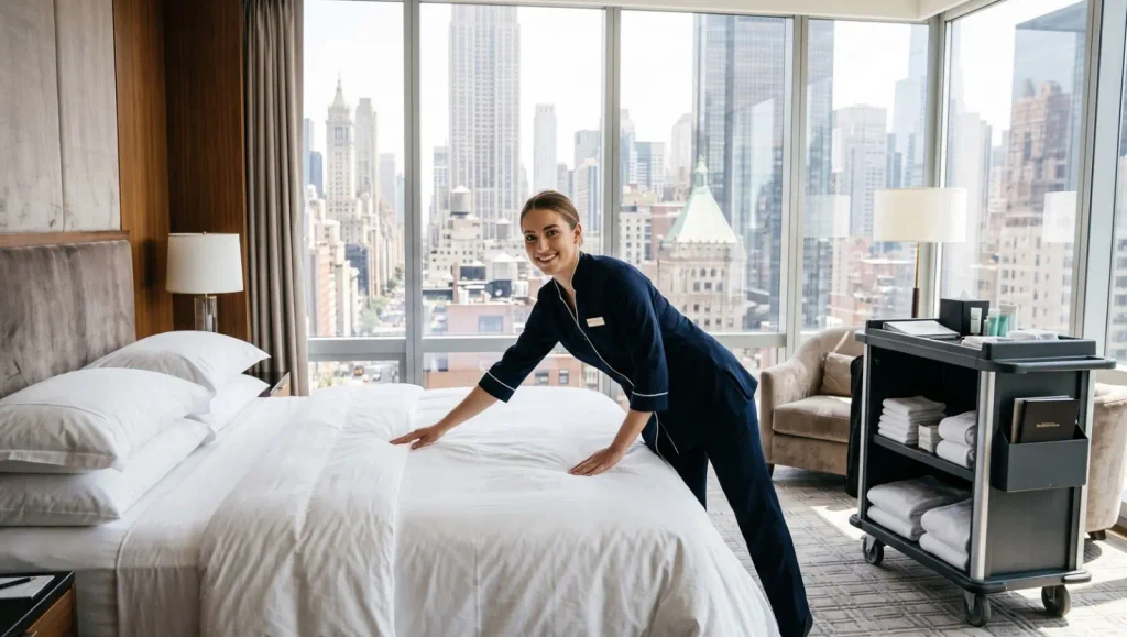 Hotel Housekeeping Staffing in New York (2026 Guide) 1 luxury hotel housekeeping room attendant turnover service in New York