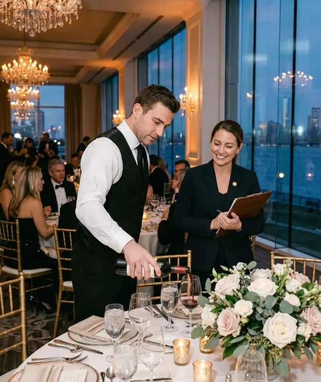 Hospitality staffing agency in New Jersey banquet server pouring wine with event captain at a luxury waterfront gala