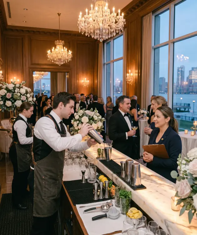 Hospitality staffing agency in New Jersey TIPS-certified bartender crafting cocktails alongside event captain at a luxury waterfront gala