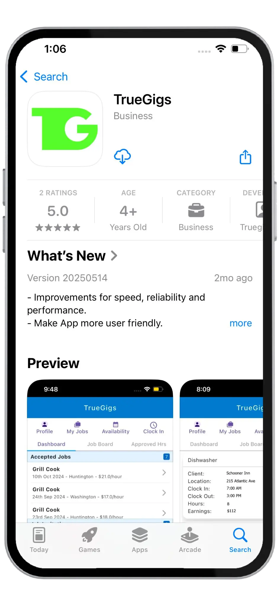 TrueGigs iOS business staffing mobile app showing on-demand shift scheduling, real-time worker clock-in, and flexible job dispatch