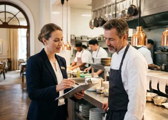 Hotel general manager and executive chef reviewing shift roster for rapid 24-hour New York hospitality staffing fulfillment