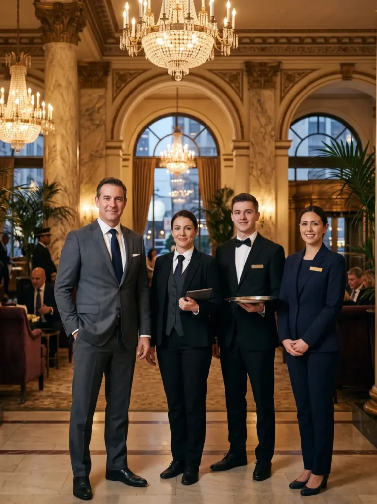 Executive hotel manager, banquet captain, server, and guest relations specialist standing in a luxury New York hotel lobby representing TrueGigs hospitality staffing